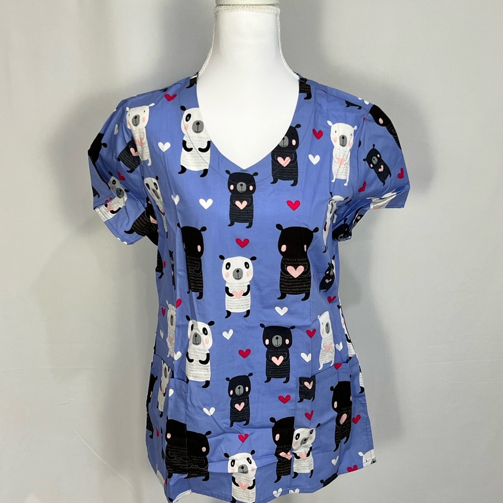 Zoe + Chloe Scrub Top Women’s Small Navy Label Bear V Neck